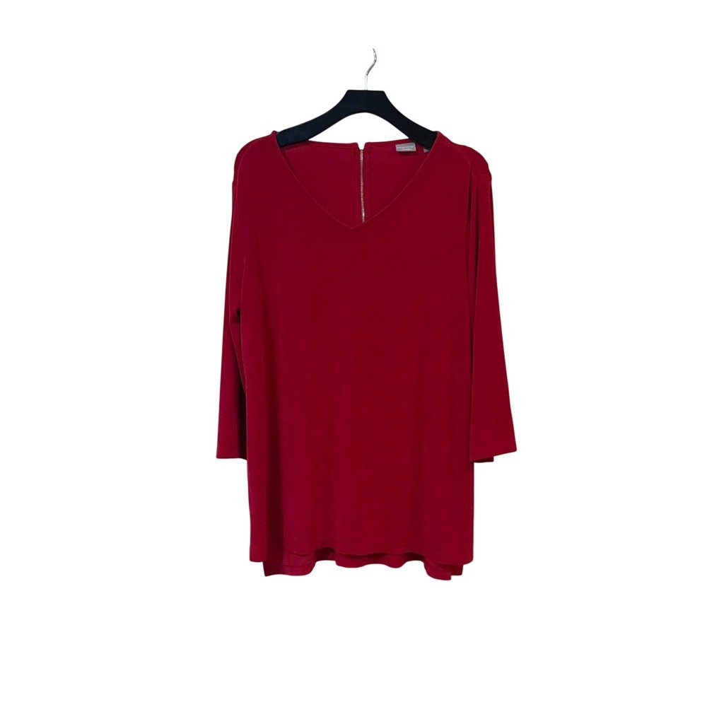 Chicos Travelers Red V Neck 3/4 Sleeve Zipper Back Top Women's Size 2 12/14